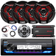 JVC KD-X38MBS Single DIN Marine USB Bluetooth AM/FM Radio Receiver w/Wired Remote, 4x 6.5" 260 Watt Max Power 2-Way Multicolor LED Black Boat Audio Speakers, 4-Channel Amplifier w/Wiring Kit