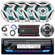 JVC KD-X38MBS Single DIN Marine USB Bluetooth AM/FM Radio Receiver w/Wired Remote, 4x 6.5" 260 Watt Max 2-Way Multicolor LED White Boat Audio Speakers, 4-Channel Amplifier w/Wiring Kit