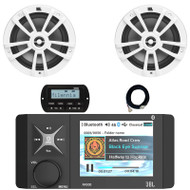 4" Color LCD Display Marine USB/AUX Bluetooth AM/FM/WB Stereo Receiver W/ Wired Remote & 20-Foot Extension Cable, 2x 6.5" 180W Peak Power 2-Way Multi-Element Boat White Speakers