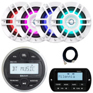 JBL PRV-175 Marine Bluetooth USB/AUX AM/FM Radio Digital Media Stereo Gauge Hole Mount Receiver, Wired Remote, 20 Foot Extension Cable, 4x 6.5" 300W Max Power 2-Way Coaxial White RGB LED Boat Speakers
