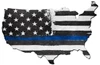 Thin Blue Line USA map metal sign 19 x 13 inches with custom-cut United States outline, distressed black-and-white American flag and single bright blue stripe
