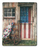 American Flag Rocking Chair Metal Sign 12 x 15 inches with rustic wooden rocking chair, colorful patchwork quilt, weathered American flag door and old farmhouse window