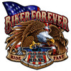 Biker Forever Eagle metal sign 24 x 24 inches with spread-wing bald eagle, waving American flag, Freedom of the Road shield and Ride Fast ribbons