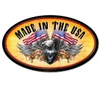 World Class Eagle 24x14 oval metal sign with Made in the USA lettering, bald eagle with spread wings, two American flags and V-twin motorcycle engine