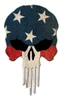American Flag Skull Metal Sign Version 1 14 x 24 inches with distressed navy-blue forehead, large white stars, black eyes, red cheeks and long ivory skull teeth
