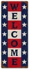 Welcome Rustic Metal Sign 12 x 30 inches with vertical navy blue WELCOME lettering, alternating red and white panels and white stars on blue side borders