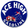Vintage Ace High Gasoline metal sign 14 x 14 inches round with red racing car, vintage airplane and white lettering on blue background