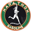 Marathon Green Gasoline round metal sign 14 inches with white running athlete, green and orange border and Best in the Long Run slogan