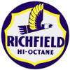 Richfield Hi-Octane round metal sign 14 inches with yellow and navy-blue flying eagle, white shield and bold RICHFIELD lettering