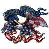 American Eagle Cut-Out Metal Sign 24x20 showing a bald eagle with red white and blue wings, blue American Heritage banner and red white ribbons