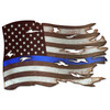 Thin Blue Line tattered American flag cut-out metal sign 24 x 16 inches featuring distressed black and white stars and stripes with one bright blue stripe