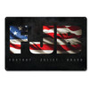 FJB Foxtrot Juliet Bravo metal sign 18 x 12 inches with large FJB initials filled with waving American flag artwork and small lettering on distressed black background