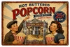 Vintage Hot Buttered Popcorn 12x18 metal sign for retro movie theater concession stand and home cinema wall decor