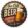 Ice Cold Beer Served Here 16x16 laser cut bottle cap shaped metal sign for vintage pub and home bar wall decor