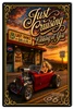 Just Cruising 12x18 vintage hot rod metal sign featuring classic car cruising artwork for garage wall decor