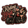 Riding High 16x13 laser cut motorcycle metal sign featuring a cigar-smoking biker pig with goggles and leather vest riding a red vintage motorcycle