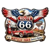 Route 66 The Mother Road 16x12 laser cut metal sign with bald eagle American flag wings red classic Corvette style car Texaco gas pump and diner