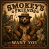 Smokey's Friends 12x12 metal sign with bear wearing Smokey hat, bear cub, fawn, squirrel, rabbit and songbird with prevent wildfires message