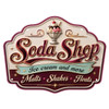Soda Shop Ice Cream and More 16x12 laser cut metal sign with cherry topped sundae, burgundy lettering, mint green banner and Malts Shakes Floats text