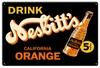 Vintage Drink Nesbitt's California Orange 12x18 metal sign with orange soda bottle, large cream script lettering, black background and yellow 5 cent circle