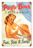 Vintage Pacific Beach Pinup  - Pin-Up Girl Metal Sign 12 x 18 Inches