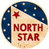 Vintage North Star Gasoline 28-inch round metal sign with large red NORTH STAR lettering, navy blue star pattern and distressed cream background