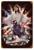Lord Watch Over Them 12x18 metal sign showing Jesus with outstretched arms protecting a kneeling American soldier with an American flag in the background