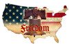 Let Freedom Ring Liberty Bell metal sign 25 x 16 inches shaped like the USA with distressed American flag, bronze Liberty Bell and red Freedom lettering