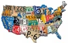 Retro USA license plate map metal sign 15x9 featuring multicolored vintage state license plate graphics forming the outline of the continental United States