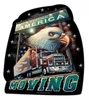 Truckers America Moving metal sign with bald eagle, copper-red semi truck, distressed American flag, silver stars and Keeping America Moving lettering, 14 x 16 inches