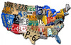 Small 10x6 USA map custom shape metal sign featuring colorful vintage state license plate graphics, numbers and lettering in a collage of the United States