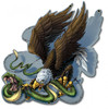 Don't Tread on Me eagle and snake metal sign showing a bald eagle attacking a green rattlesnake over a gray-blue barbed-wire background, 18 x 17 inches