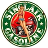 Sinclair Gasoline Pinup Girl Metal Sign 30 x 30 inches featuring blonde pin-up in red top and blue shorts sitting on vintage red motorcycle inside green round gasoline logo.