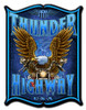 Thunder Highway eagle motorcycle metal sign with golden-brown bald eagle wings, motorcycle headlights and electric-blue lightning, 24 x 33 inches