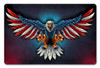 18x12 rectangular patriotic metal sign featuring a fierce flying bald eagle with red white and blue American flag wings, white stars, extended golden talons and dark background