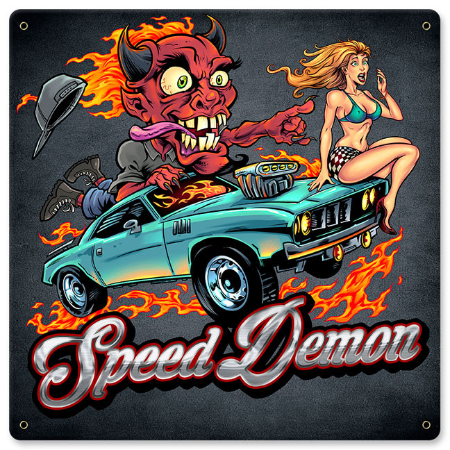 Speed Demon Flaming Hot Rod Metal Sign 12 x 12 Inches