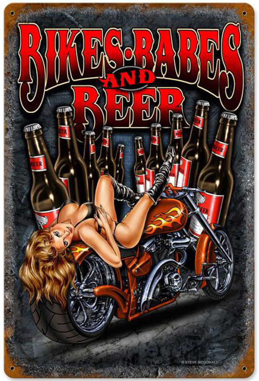 Bikes Babes Beer Metal Sign 12 x 18 Inches