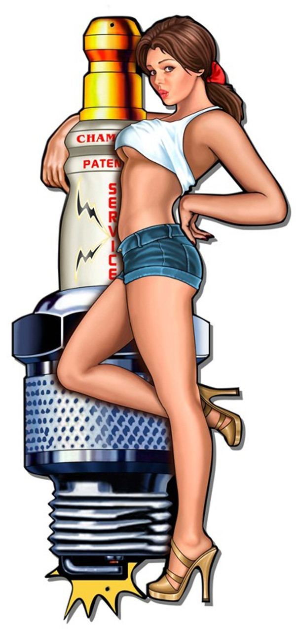 Spark Plug Pinup Girl Metal Sign 18 x 38 Inches