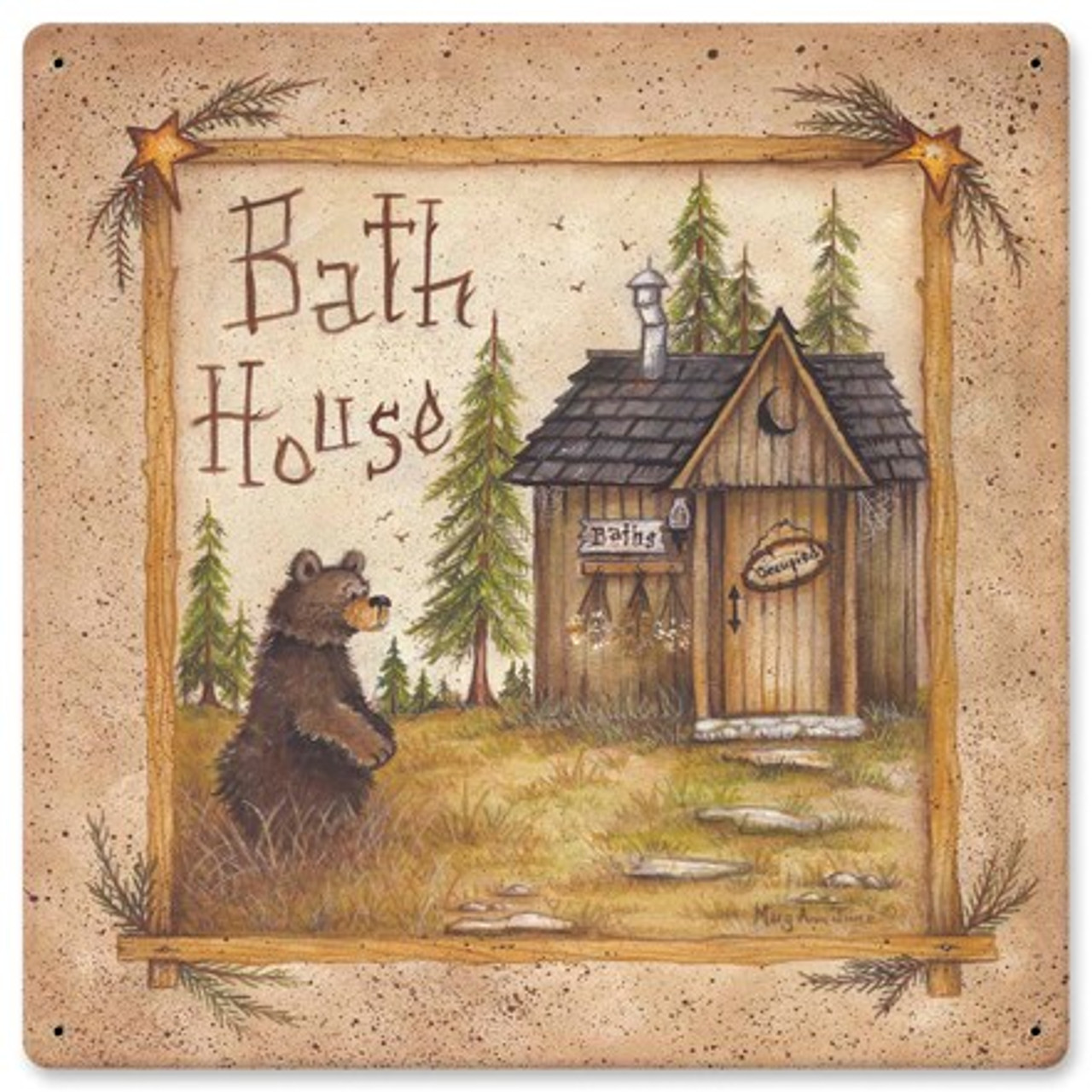Bath House Bear Metal Sign 12 x 12 Inches