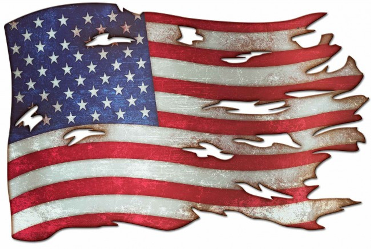 Tattered American Flag Metal Sign 36 x 24 Inches