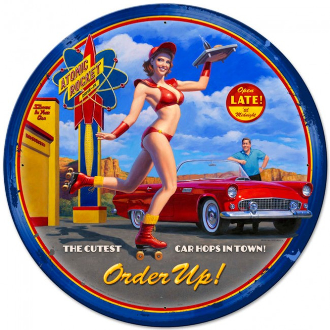 Car Hop Pin-Up Girl Metal Sign 28 x 28 inches