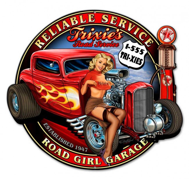 50s ROX MASONRY PAINT ヴィンテージ メタルサイン／看板 Trixie's Rod Pinup Metal Sign 18×16 | Vintage Retro Garage Wall