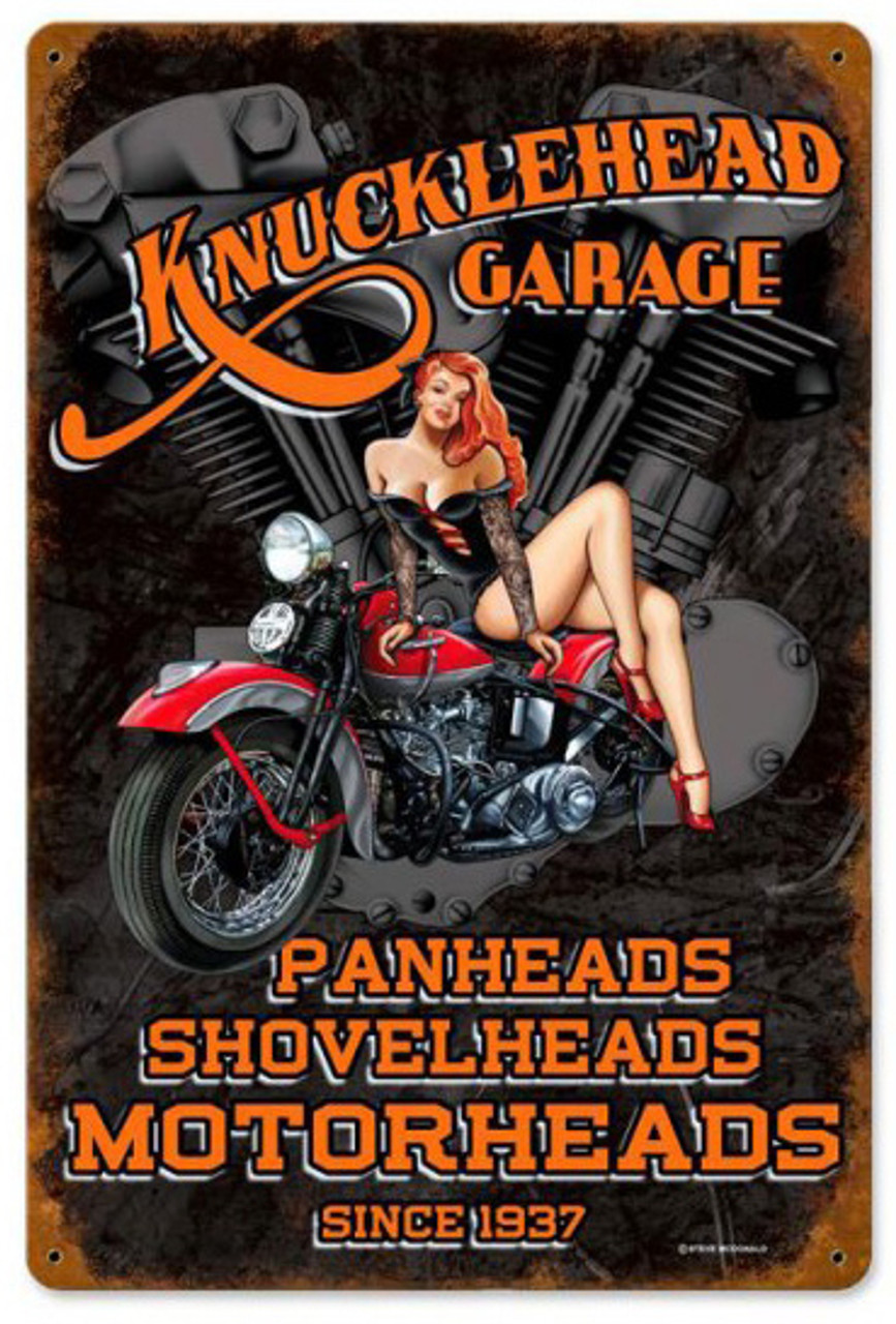 Knuckle Garage Pinup Metal Sign 12 x 18 Inches
