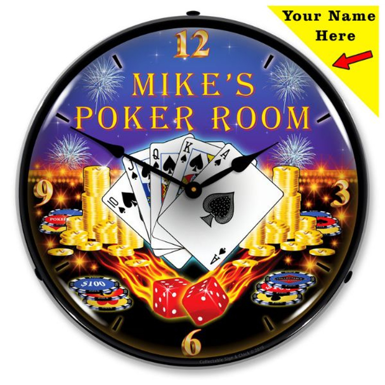 Personalized Poker Room LED Lighted Wall Clock 14 x 14 Inches