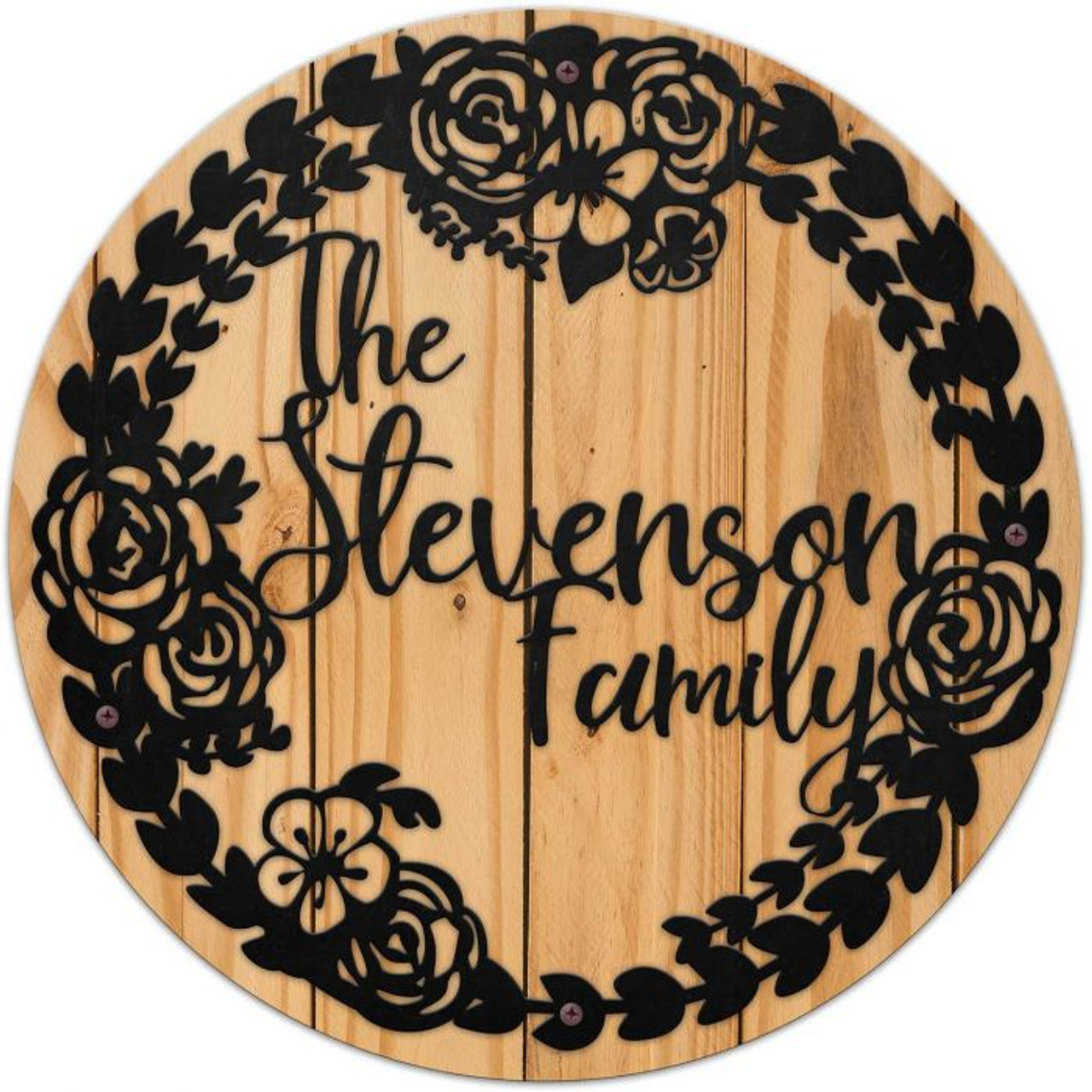 Wreath Family Name Metal With Wood Backing - Personalized 28 x 28 Inches