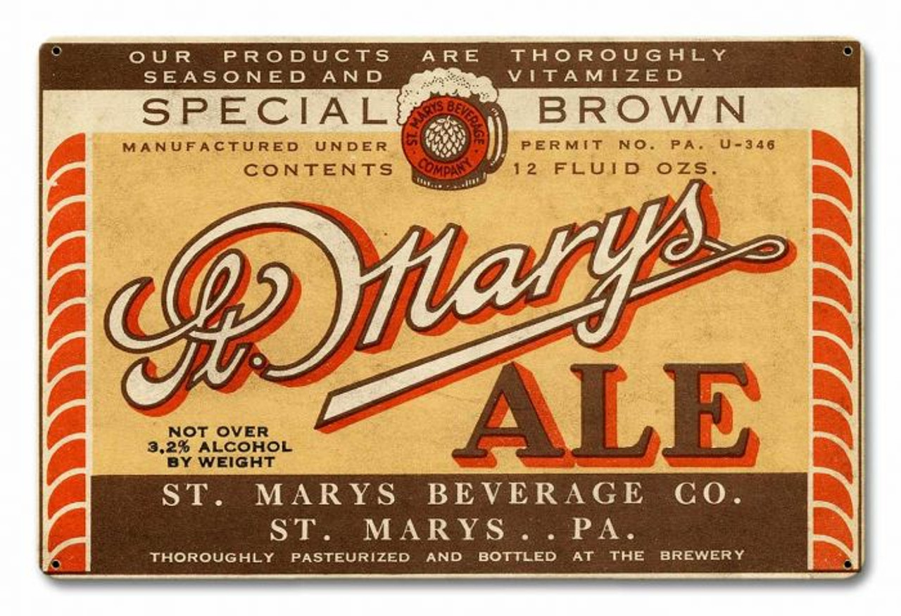 St. Mary's Ale Metal Sign 18 x 12 Inches