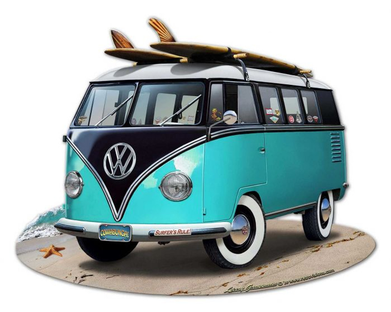 VW Bus Cut Out Turquoise Metal Sign 28 x 22  Inches
