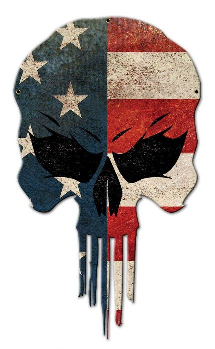 US Skull Flag version 2 metal sign 14x24 showing aggressive skull with distressed blue field and white stars on left, red cream stripes on right and black eye sockets