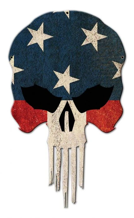 American Flag Skull Metal Sign Version 1 14 x 24 inches with distressed navy-blue forehead, large white stars, black eyes, red cheeks and long ivory skull teeth