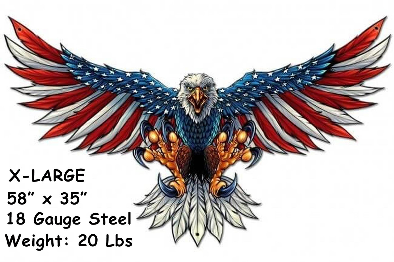 Eagle With US Flag Wing Spread Custom Shape Metal Sign 58 x 35 Inches